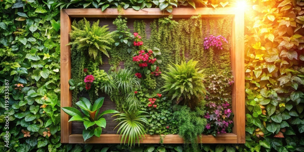 Fototapeta premium Lush Vertical Garden Display in a Wooden Frame, Featuring a Diverse Array of Green and Flowering Plants