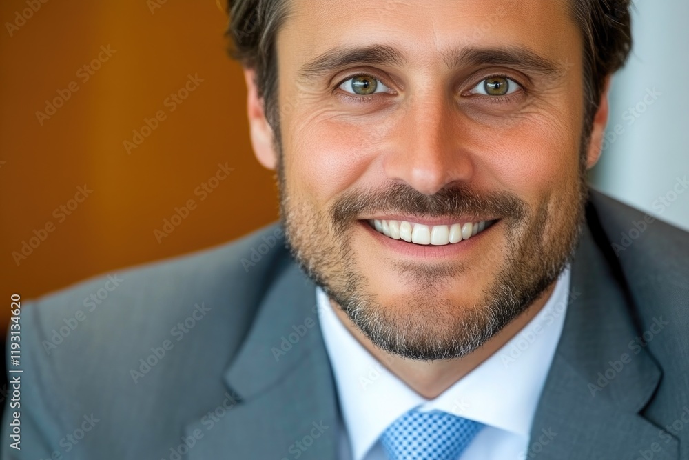 Corporate leader grinning post-deal signing Corporate leader grinning post-deal signing