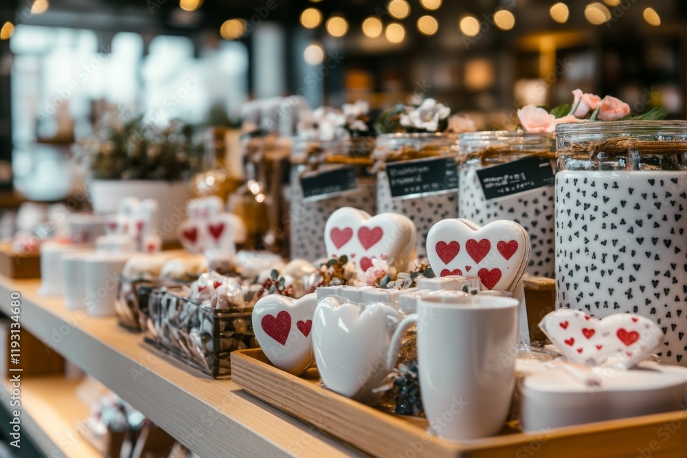 Fototapeta premium A gift shop display featuring Valentine's-themed items like heart-shaped pillows, mugs, and scented candles