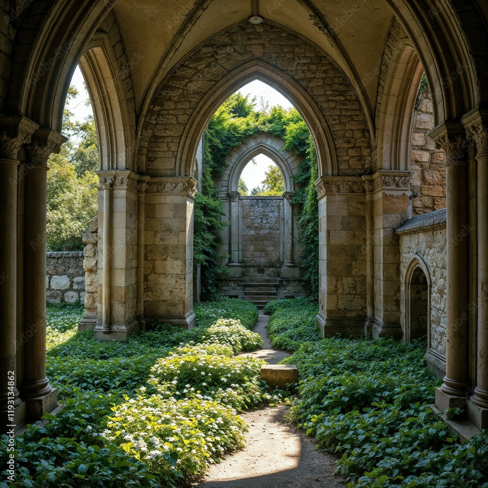 Fototapeta premium Sunlit Historic Stone Archway with Romantic Flowering Vines