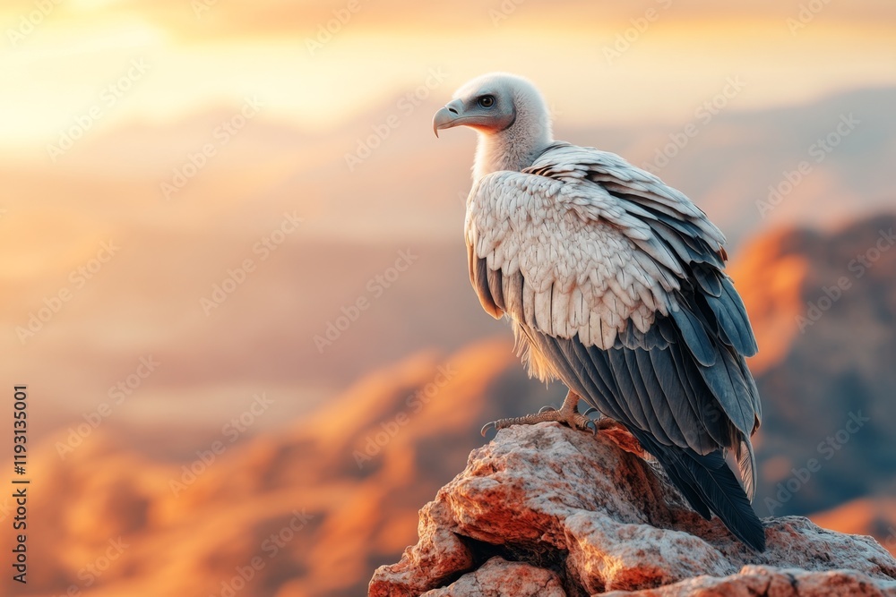 Fototapeta premium A 3D-rendered vulture perched on a rocky outcrop, with realistic lighting and detailed textures of its feathers and rugged surroundings