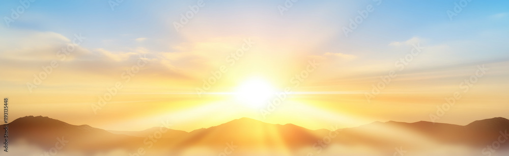 Fototapeta premium breathtaking sunrise over mountains, casting warm light and soft shadows across landscape, creating serene and peaceful atmosphere