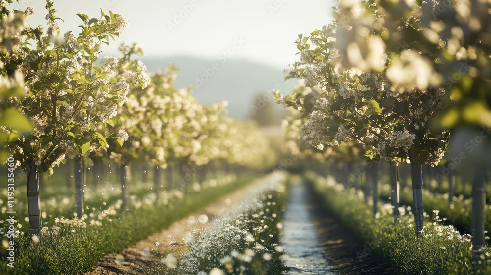 Advanced irrigation system efficiently distributes water to flowering fruit trees in a sustainable energy setup Advanced irrigation system efficiently distributes water to flowering fruit trees in a sustainable energy setup
