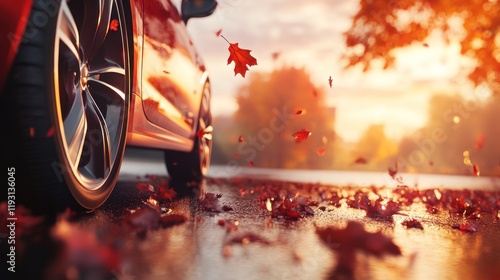 Autumn Drive: Red Car on a Fall Road photo