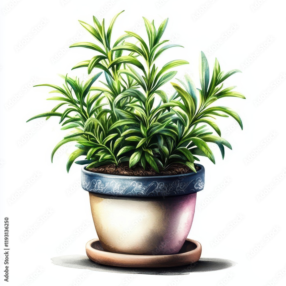 Fototapeta premium Lush Green Herb Plant Growing in Decorative Pot with Saucer on White Background