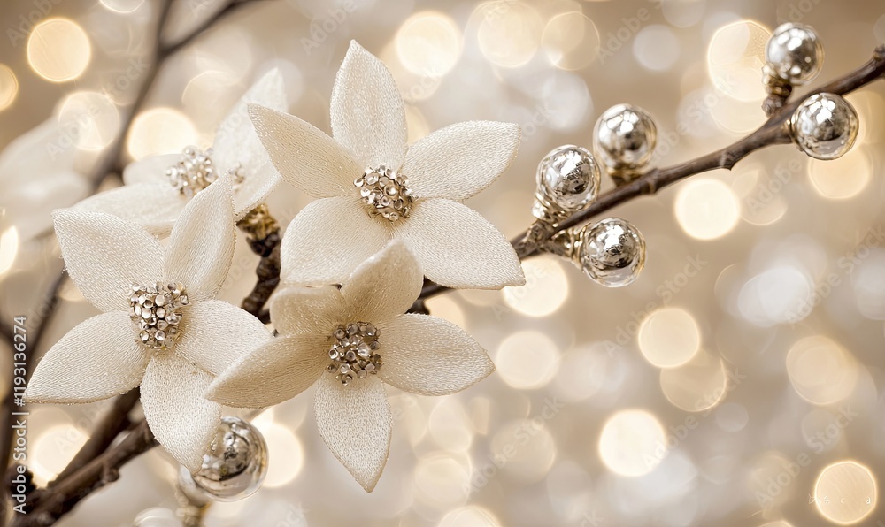 White flowers with silver beads on branch, bokeh background, holiday decor White flowers with silver beads on branch, bokeh background, holiday decor