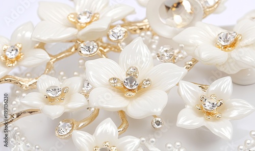 White flowers with gold branches and rhinestones on a white background for jewelry or decoration