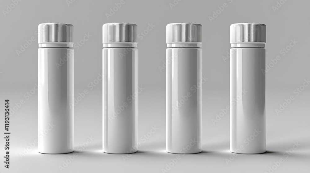 Four sleek and minimalistic white cosmetic bottles lined up against a neutral background, ideal for showcasing skincare or makeup products. Four sleek and minimalistic white cosmetic bottles lined up against a neutral background, ideal for showcasing skincare or makeup products.
