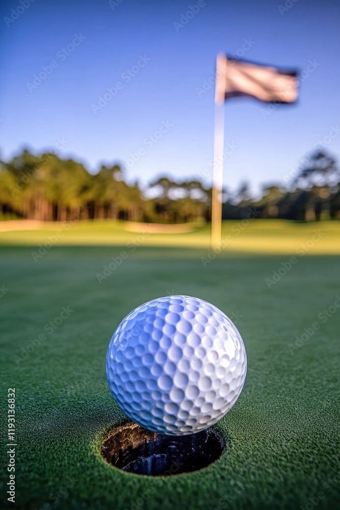 Obraz premium dramatic action shot of golf ball rolling towards hole motion dynamic with flag softly blurred