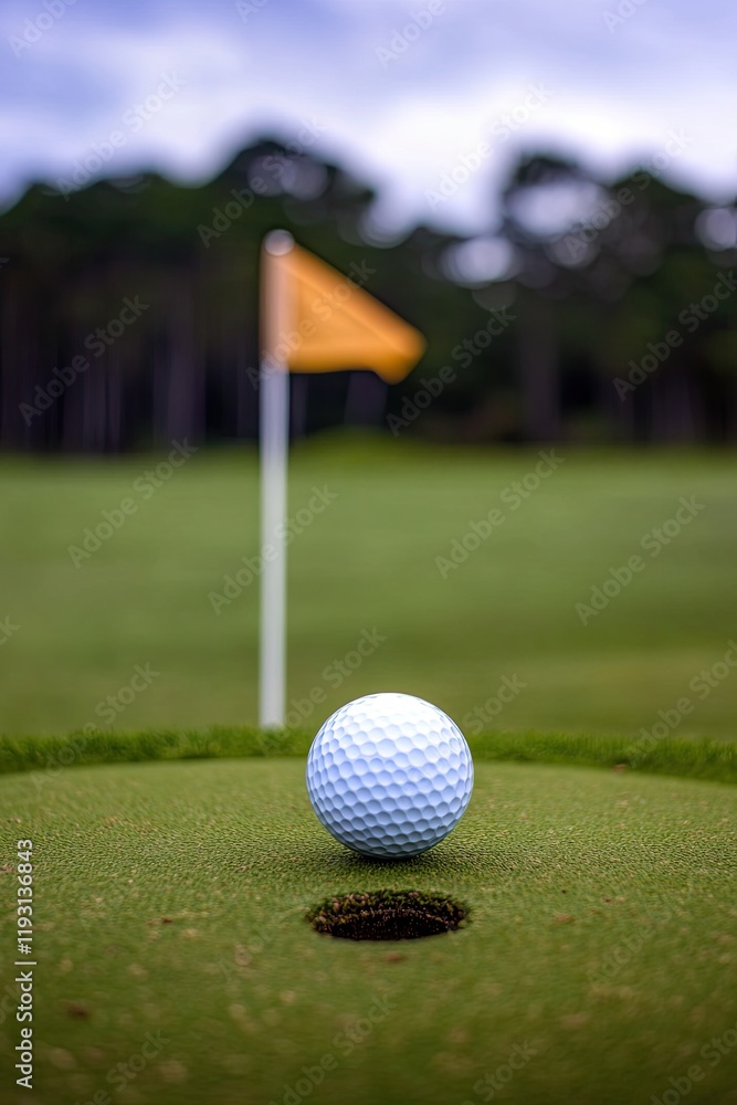 Obraz premium dramatic action shot of golf ball rolling towards hole motion dynamic with flag softly blurred