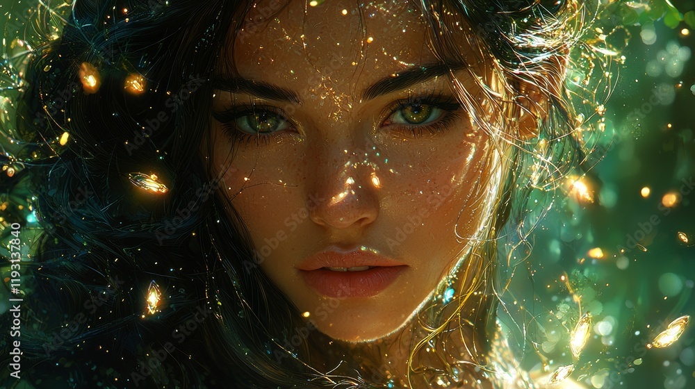 Portrait of a woman with glowing magical effects around her Portrait of a woman with glowing magical effects around her