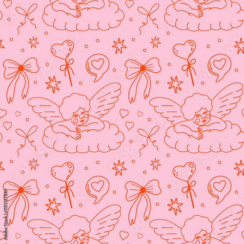 Saint Valentine's Day outline seamless vector pattern design. Cute hand-drawn illustration of different romantic objects bow, cupid, love potion, heart, bouquet of flowers, 14 February concept