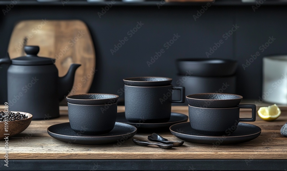 Black teacups, teapot, spoons on wooden table in dark kitchen