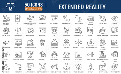 Extended Reality line editable icon set. Containing vr,
mixed reality, immersion, simulation, haptic feedback,
spatial computing and more. Vector Illustration