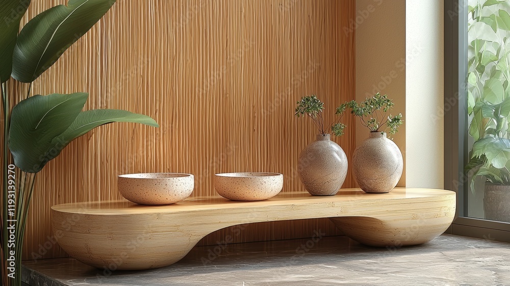 Modern wooden tea set on a designer table with plants Modern wooden tea set on a designer table with plants