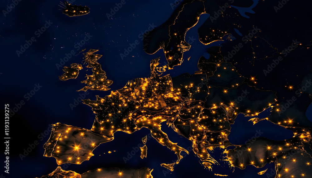 West and Central Europe at night, realistic, with white tones West and Central Europe at night, realistic, with white tones