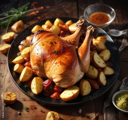 A perfectly roasted chicken leg with a rich demiglace sauce and roasted potatoes, poultry, food styling, mealtime photo