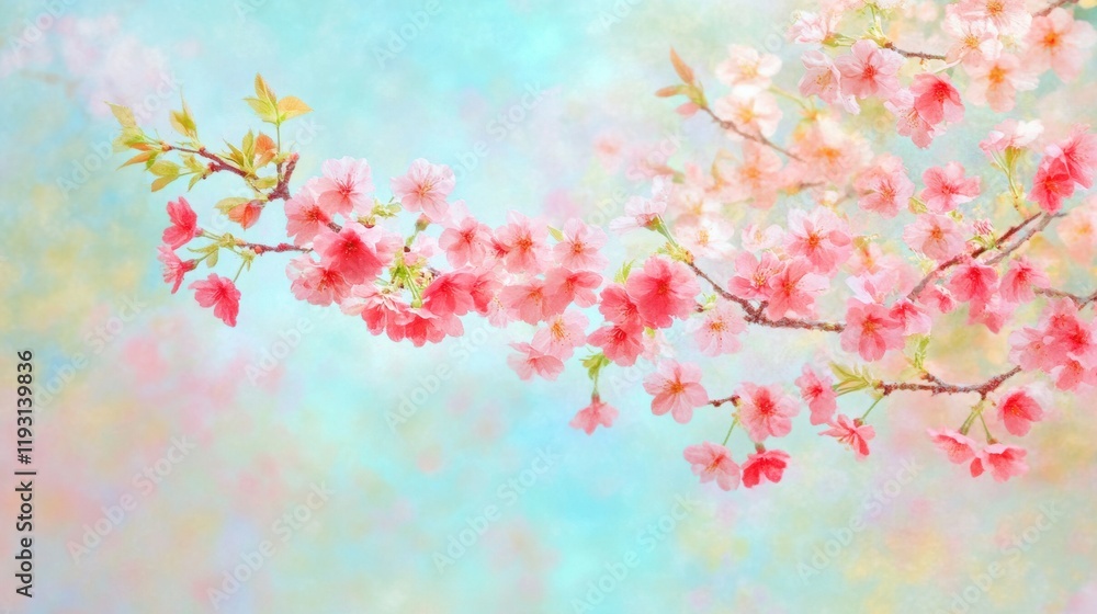 A delicate branch of pink cherry blossoms against a soft, pastel blue and pink background, evoking tranquility and springtime beauty. A delicate branch of pink cherry blossoms against a soft, pastel blue and pink background, evoking tranquility and springtime beauty.