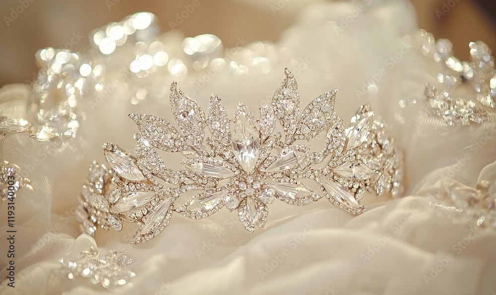 Fototapeta premium Diamond tiara on white wedding veil, bridal preparation detail, elegant accessory