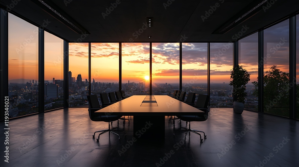 Fototapeta premium Modern conference room at sunset with city skyline view and vibrant colors in the background