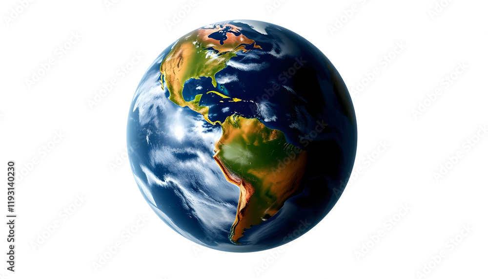 Fototapeta premium Earth planet concept hovering on a white background showing America panoramic, cinematic