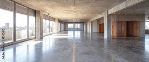 Panel kuchenny z motywem Spacious, modern, empty loft apartment with large windows, concrete floors, and city view.