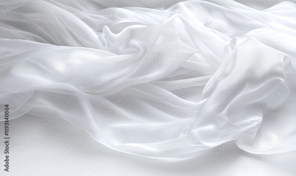 Obraz premium Flowing white sheer fabric draped on white background, ideal for fashion or design projects
