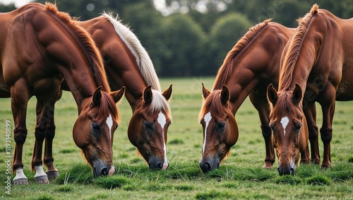 Group of Four Majestic Brown Horses Grazing on Lush Green Grass in a Serene Pastoral Landscape photo