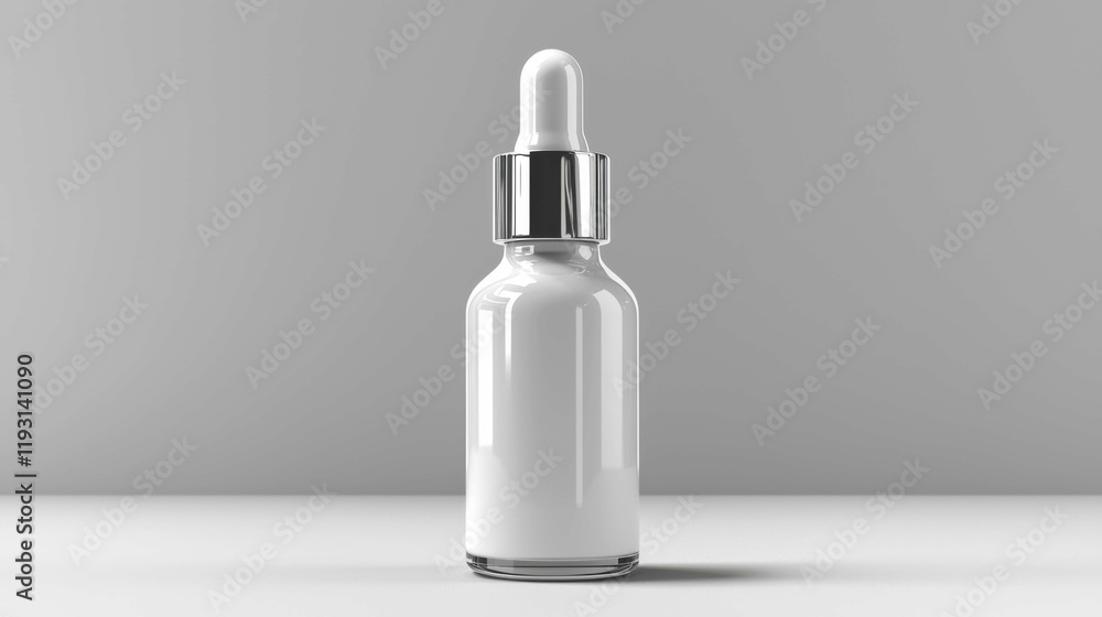 A sleek, elegant white dropper bottle with a shiny silver cap, perfect for showcasing skincare or beauty products in a minimalist setting. A sleek, elegant white dropper bottle with a shiny silver cap, perfect for showcasing skincare or beauty products in a minimalist setting.