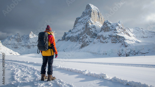 Winter mountain vacation with a backpack and beautiful views. #1193141007