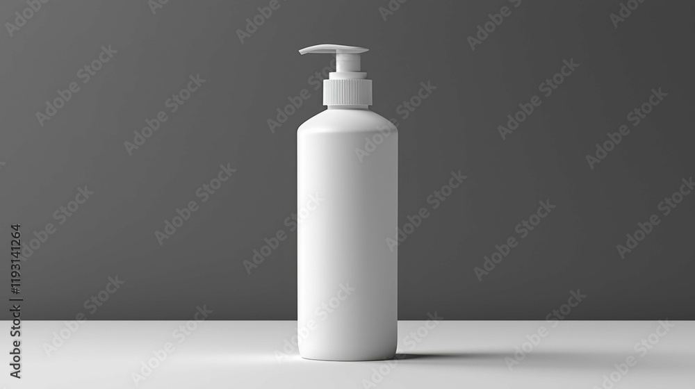 This image features a sleek, empty white cosmetic bottle with a pump top against a minimalist grey background, ideal for product presentations. This image features a sleek, empty white cosmetic bottle with a pump top against a minimalist grey background, ideal for product presentations.