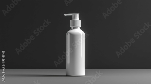 This image features a sleek white cosmetic bottle on a minimalist gray background, ideal for beauty product marketing. Perfect for skincare or haircare. photo