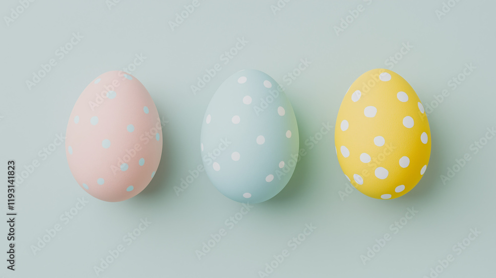 Pastel Easter Eggs: Three pastel-colored Easter eggs adorned with white polka dots, arranged in a row against a soft green background. Pastel Easter Eggs: Three pastel-colored Easter eggs adorned with white polka dots, arranged in a row against a soft green background.