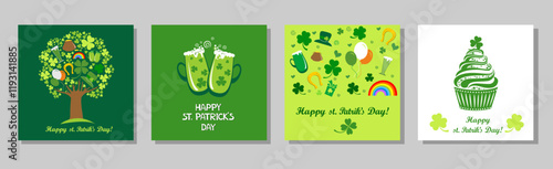 Set of four St. Patrick's Day cards with beer glasses, clover,  pot of gold, hat and cupcake. Saint Patrick's Day party flyer, brochure, holiday invitation. vector illustration.