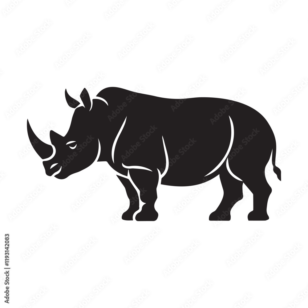 Naklejka premium A Rhino Vector Silhouette is a stylized, scalable image of a rhinoceros created using vector graphics. This type of graphic is characterized by its crisp, clean lines and solid, filled shapes that for