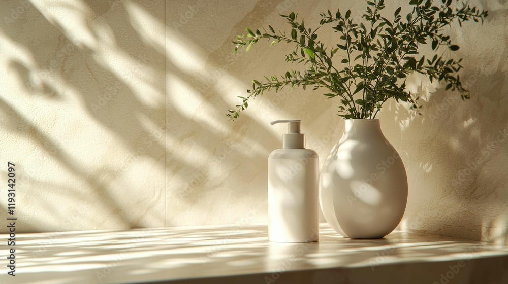 A serene display featuring a white vase with greenery beside a minimalist product bottle, casting shadows on a softly lit surface. A serene display featuring a white vase with greenery beside a minimalist product bottle, casting shadows on a softly lit surface.