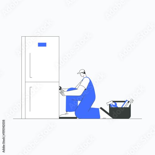 Repair professional fixing a refrigerator in flat vector illustration symbolizing appliance maintenance, repair services, and technical expertise, isolated on white background.