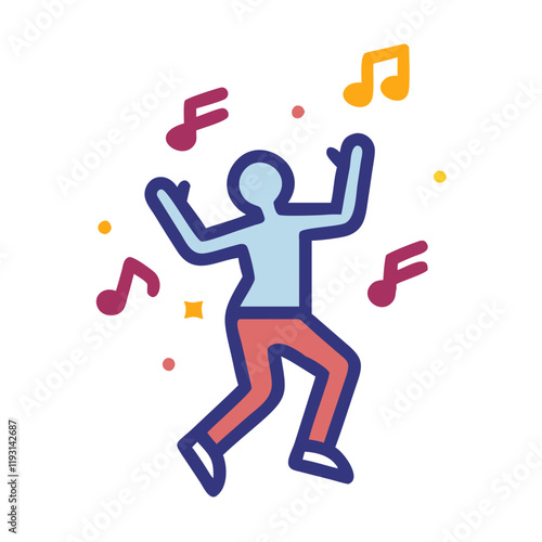 Dancing Person Icon enjoying music with colorful notes in background