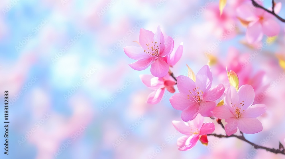 Delicate pink cherry blossoms bloom against a soft blue background, capturing the essence of spring's beauty Delicate pink cherry blossoms bloom against a soft blue background, capturing the essence of spring's beauty
