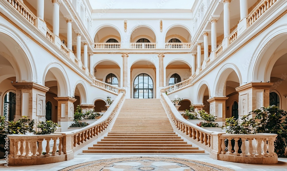 Fototapeta premium Grand staircase in elegant white building atrium with archways and plants