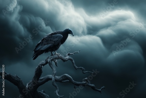 A dramatic stormy scene with a vulture perched atop a skeletal tree, framed against dark, brooding clouds