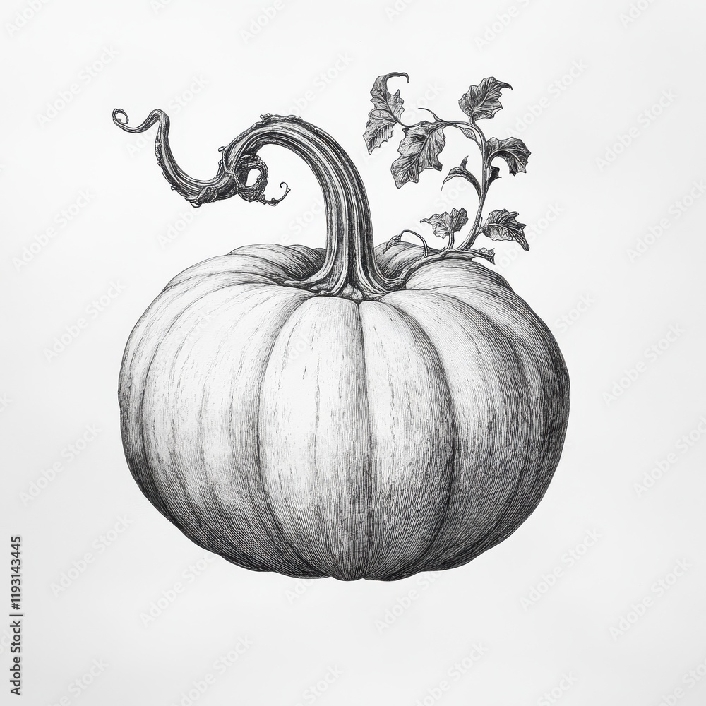 Unique pencil illustration of a pumpkin with a curling vine on a plain white background showcasing seasonal charm
