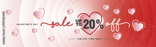 Sale up to 20 percent off handwritten typography lettering. Valentine's Day card. Promotion shopping template on pink magenta blend heart shape background with meny pink love hearts over