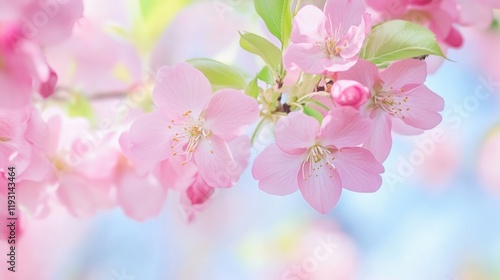 Delicate pink cherry blossoms clustered against a soft blue sky, capturing the essence of spring's beauty and renewal
