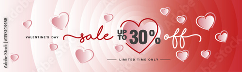 Sale up to 30 percent off handwritten typography lettering. Valentine's Day card. Promotion shopping template on pink magenta blend heart shape background with meny pink love hearts over