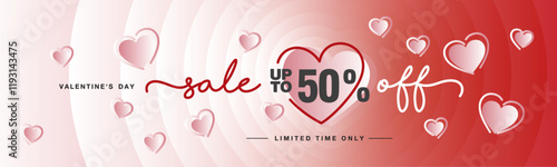Sale up to 50 percent off handwritten typography lettering. Valentine's Day card. Promotion shopping template on pink magenta blend heart shape background with meny pink love hearts over