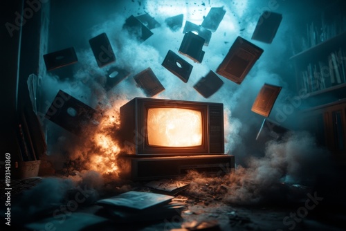 Wallpaper Mural A magical VCR glowing with ethereal light, with enchanted VHS tapes floating mid-air and casting shimmering reflections on the walls of a mystical room Torontodigital.ca