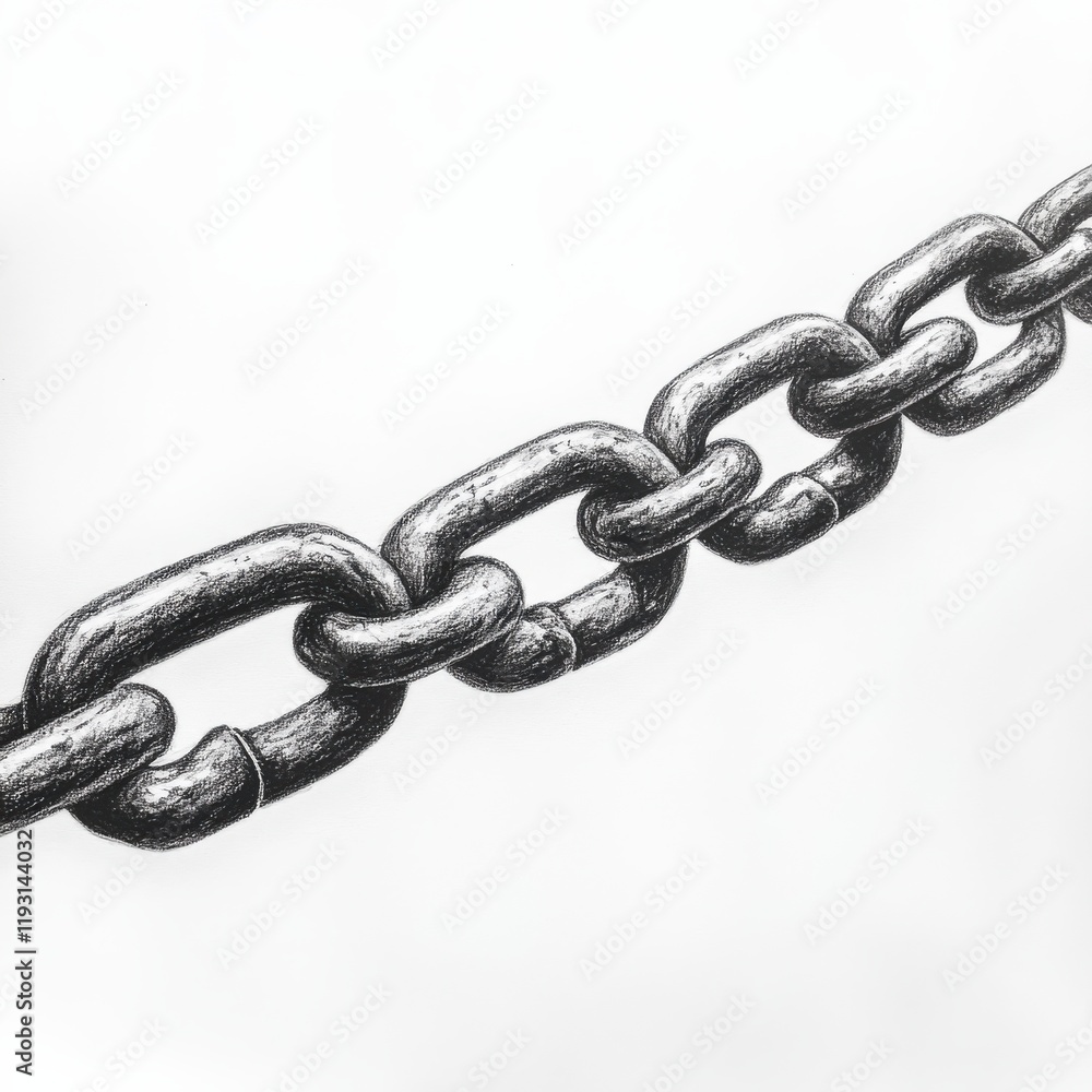 Fototapeta premium Detailed pencil drawing of a paperclip chain linked together on a white background