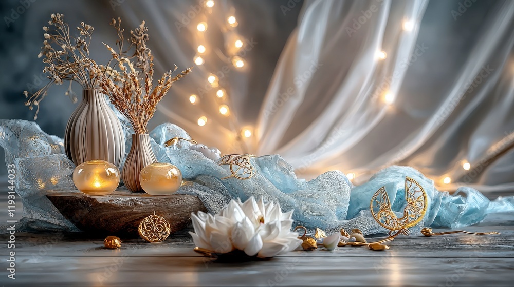 Obraz premium Serene spiritual scene with flowing fabrics and lights cozy atmosphere still life calm environment close-up view