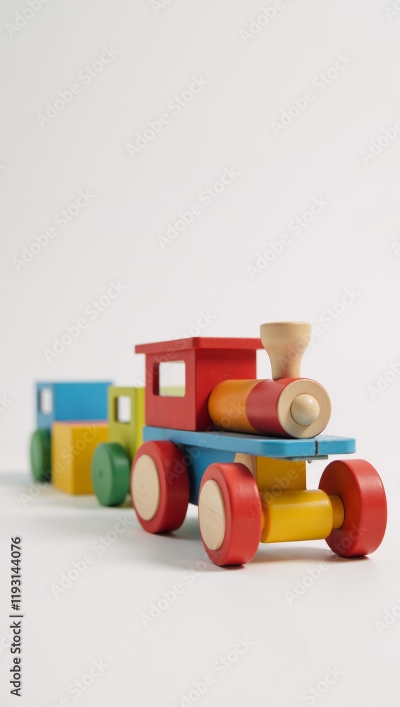 Isolated wooden toy train made up of colorful blocks on a white background Isolated wooden toy train made up of colorful blocks on a white background